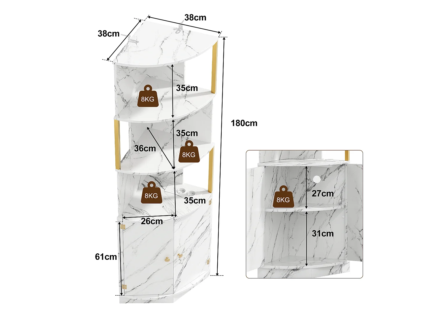 Hörnskåp för kök 38x38x180cm - med 2 dörrar - med LED-belysning och uttag - marmortextur - Vit