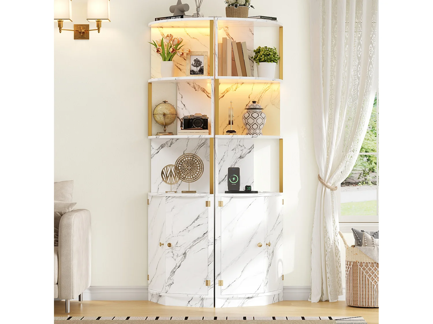 Hörnskåp för kök 38x38x180cm - med 2 dörrar - med LED-belysning och uttag - marmortextur - Vit