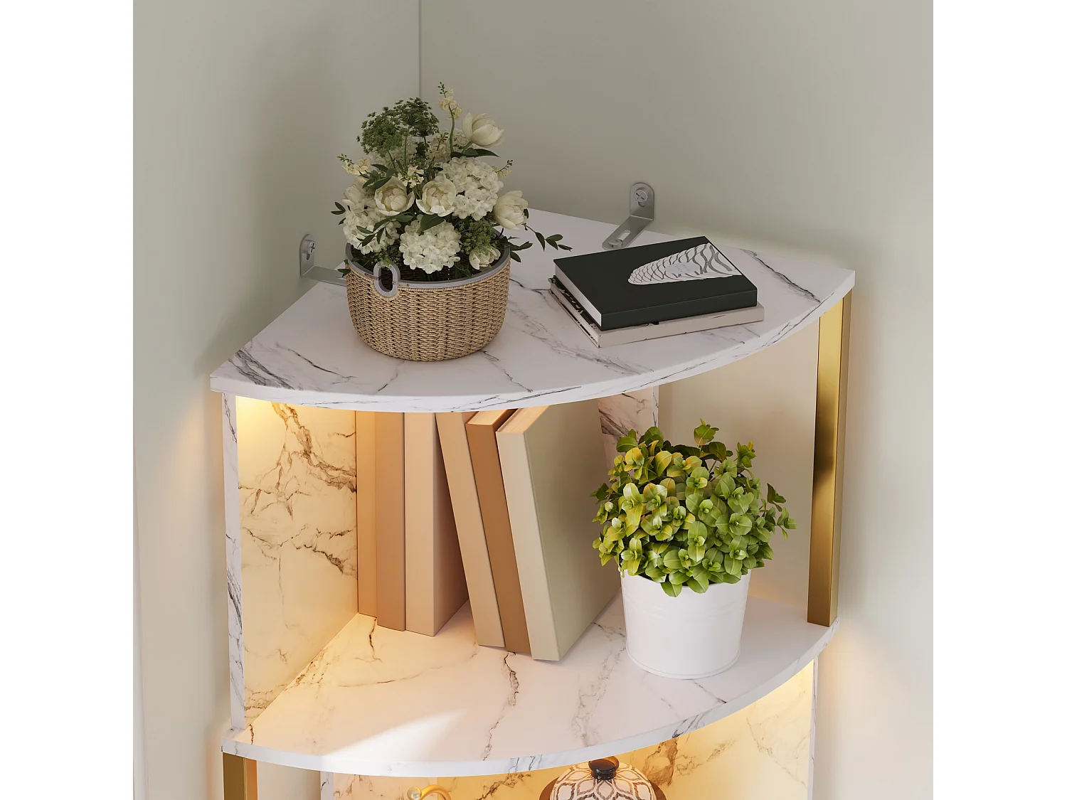 Hörnskåp för kök 38x38x180cm - med 2 dörrar - med LED-belysning och uttag - marmortextur - Vit