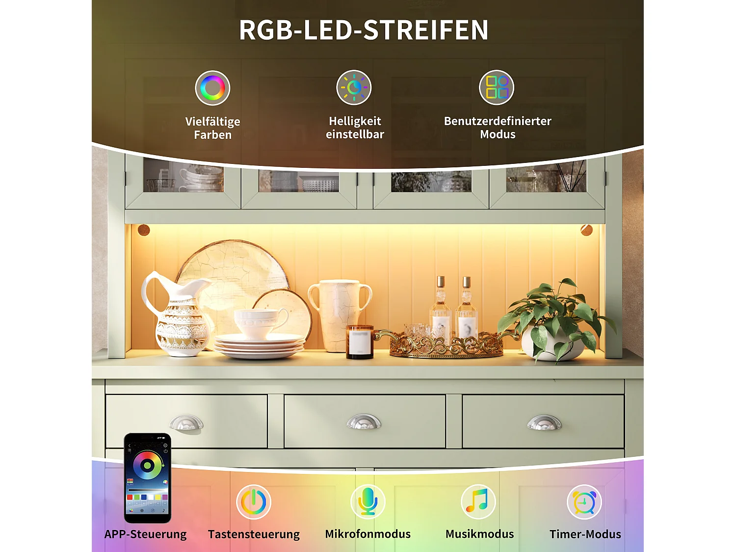 Möbel Förvaring Hög 140cm - Köksskåp Vitrinskåp med LED RGB, Soft-Close-dörrar & Justerbara Hyllor, Modern Stil - Grön