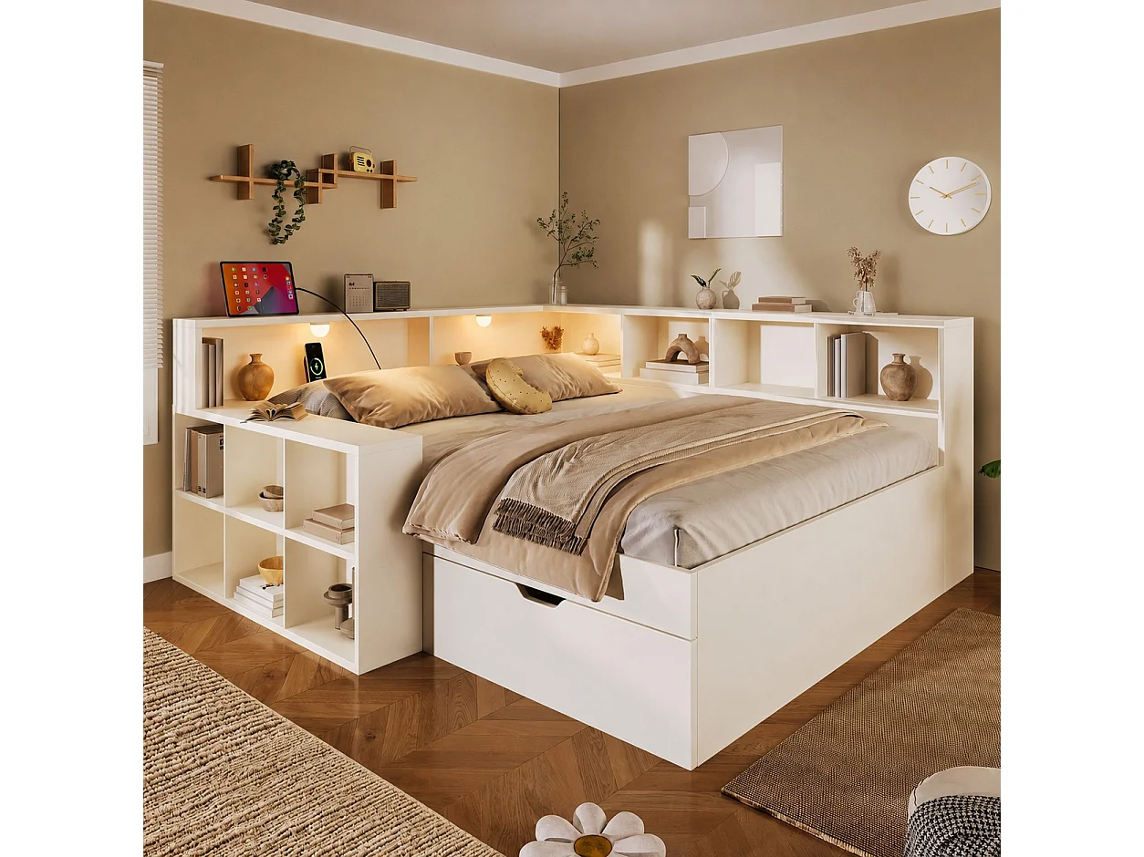 Canapé-lit 140x200cm - avec USB/Type-C - avec espace de rangement et lampe de lecture - avec tiroir et étagères ouvertes - blanc (matelas non inclus)