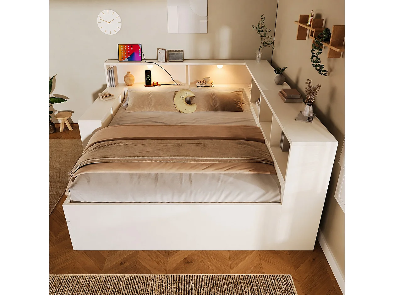 Canapé-lit 140x200cm - avec USB/Type-C - avec espace de rangement et lampe de lecture - avec tiroir et étagères ouvertes - blanc (matelas non inclus)