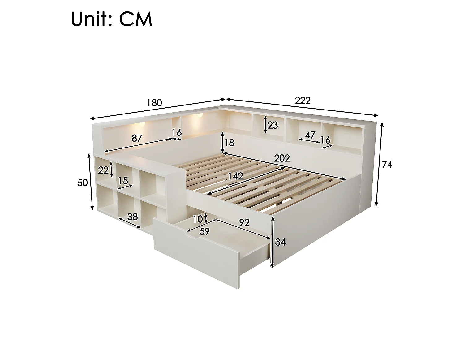 Canapé-lit 140x200cm - avec USB/Type-C - avec espace de rangement et lampe de lecture - avec tiroir et étagères ouvertes - blanc (matelas non inclus)