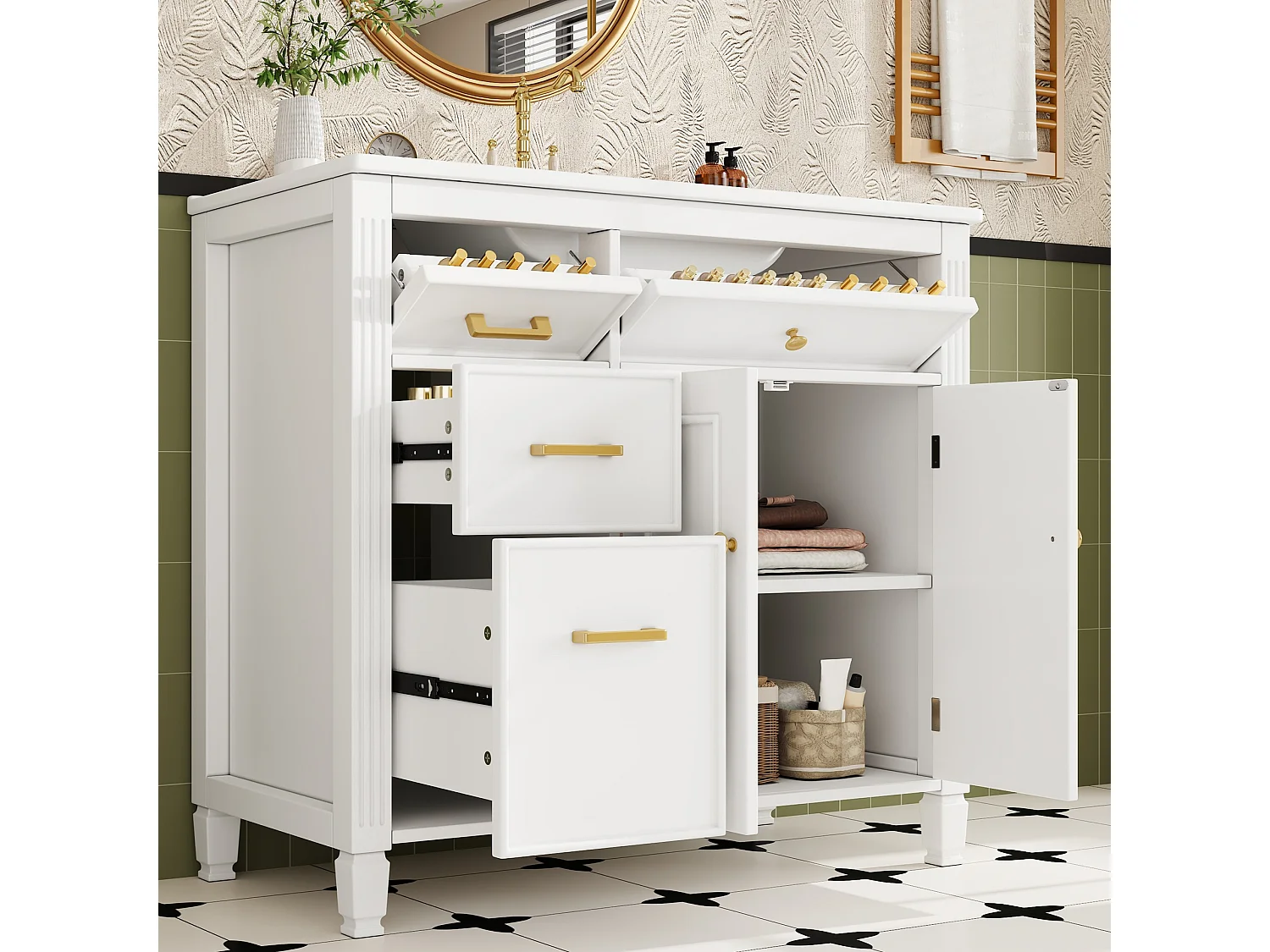 Badrumsmöbel med keramisk tvättställ - med 4 lådor och 2 dörrar - Lackad finish - Vit (Kran ingår ej)