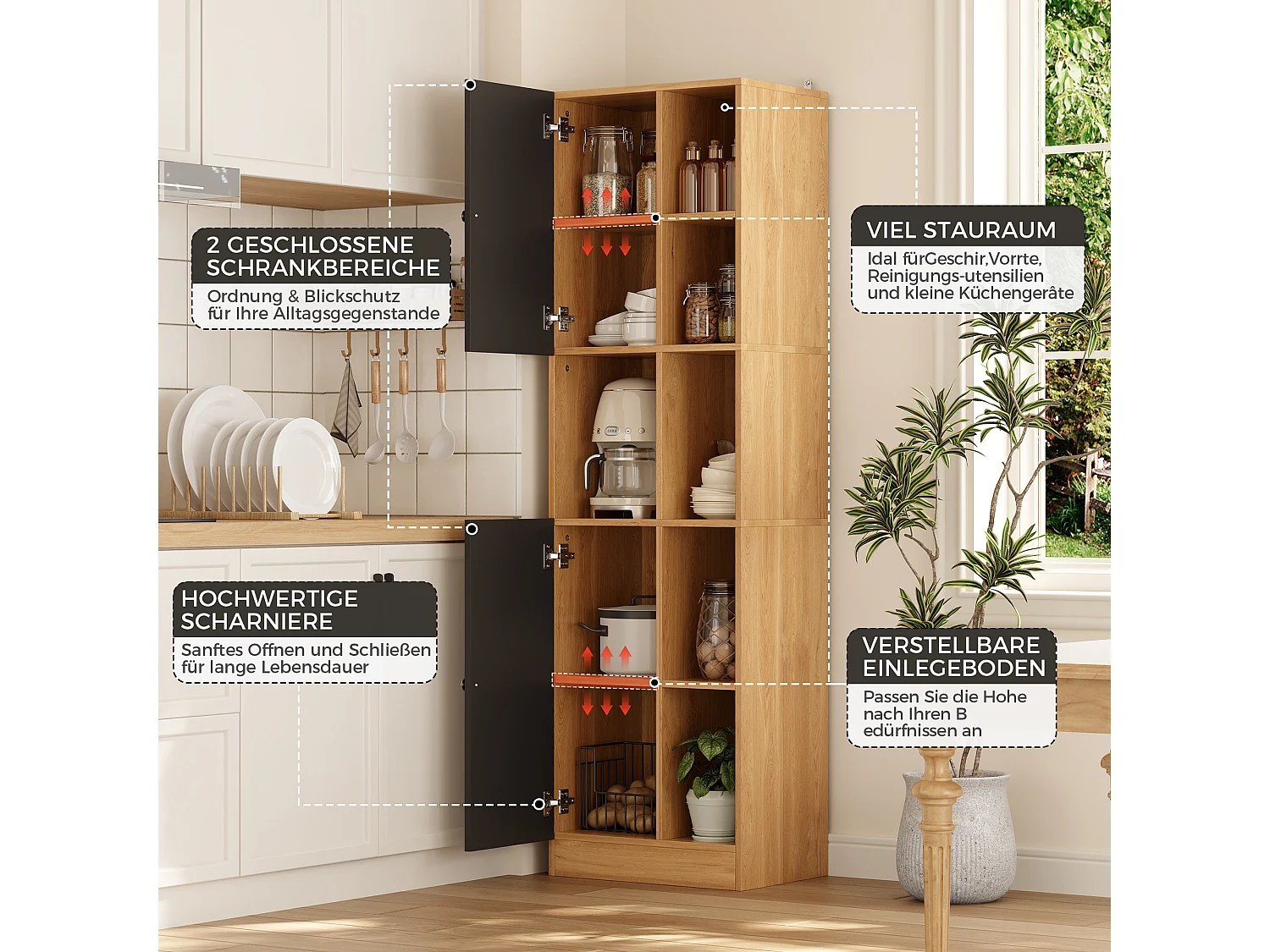 Eck-Küchenbuffet 50x35,5x170cm - mit 2 Türen - verstellbare Regalböden - offene Staufächer - Schwarz + Natur