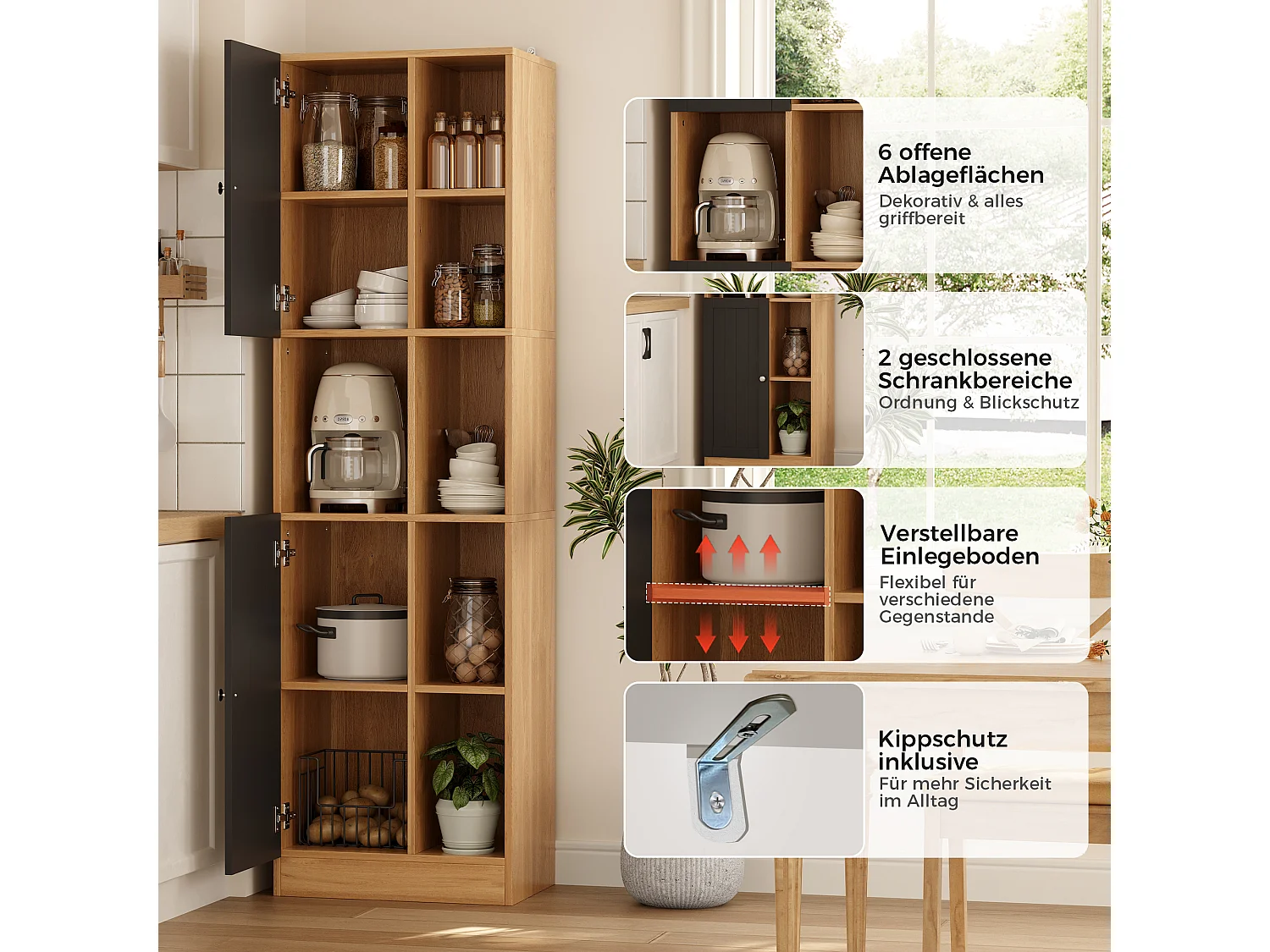 Eck-Küchenbuffet 50x35,5x170cm - mit 2 Türen - verstellbare Regalböden - offene Staufächer - Schwarz + Natur