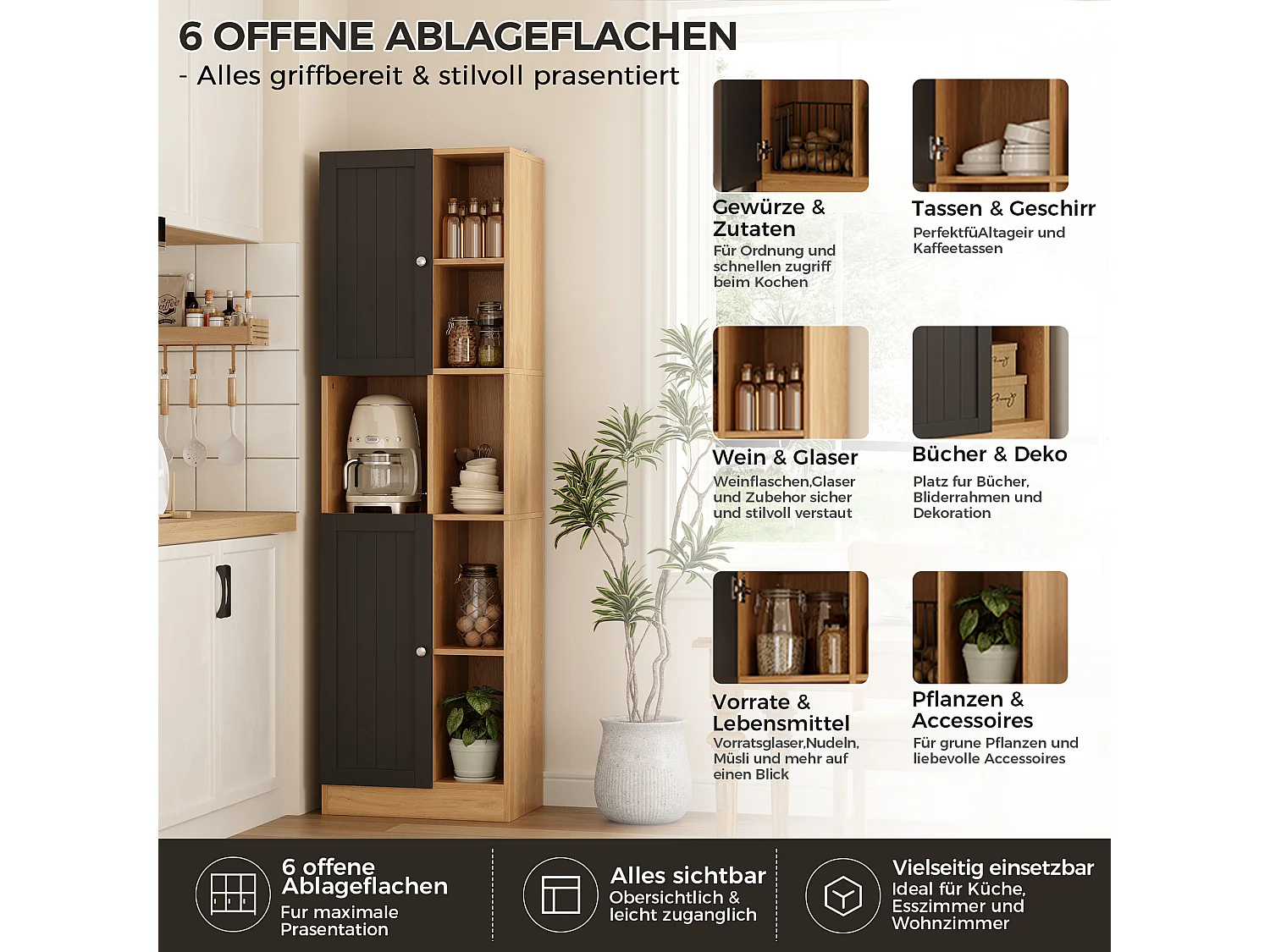 Eck-Küchenbuffet 50x35,5x170cm - mit 2 Türen - verstellbare Regalböden - offene Staufächer - Schwarz + Natur