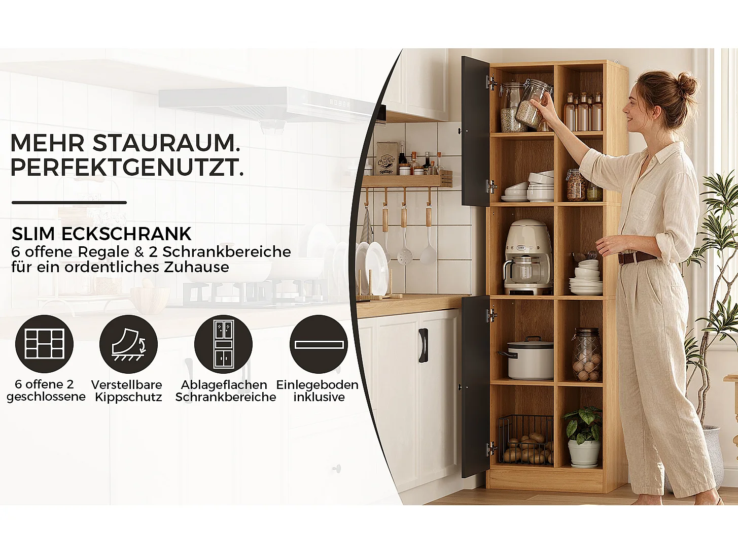 Eck-Küchenbuffet 50x35,5x170cm - mit 2 Türen - verstellbare Regalböden - offene Staufächer - Schwarz + Natur