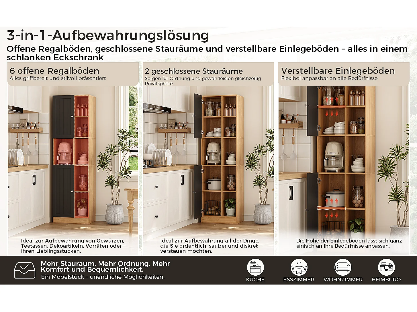 Eck-Küchenbuffet 50x35,5x170cm - mit 2 Türen - verstellbare Regalböden - offene Staufächer - Schwarz + Natur