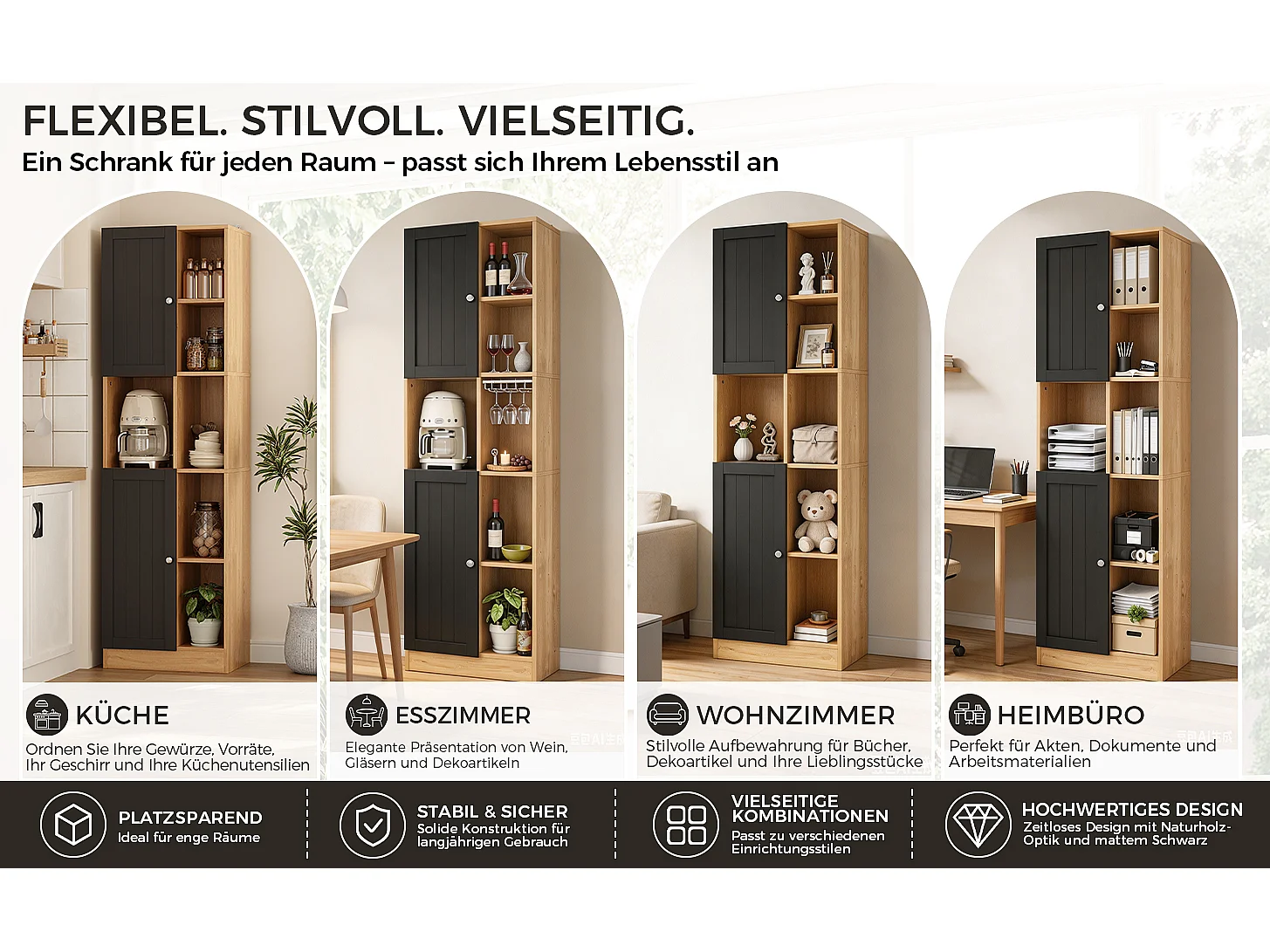 Eck-Küchenbuffet 50x35,5x170cm - mit 2 Türen - verstellbare Regalböden - offene Staufächer - Schwarz + Natur