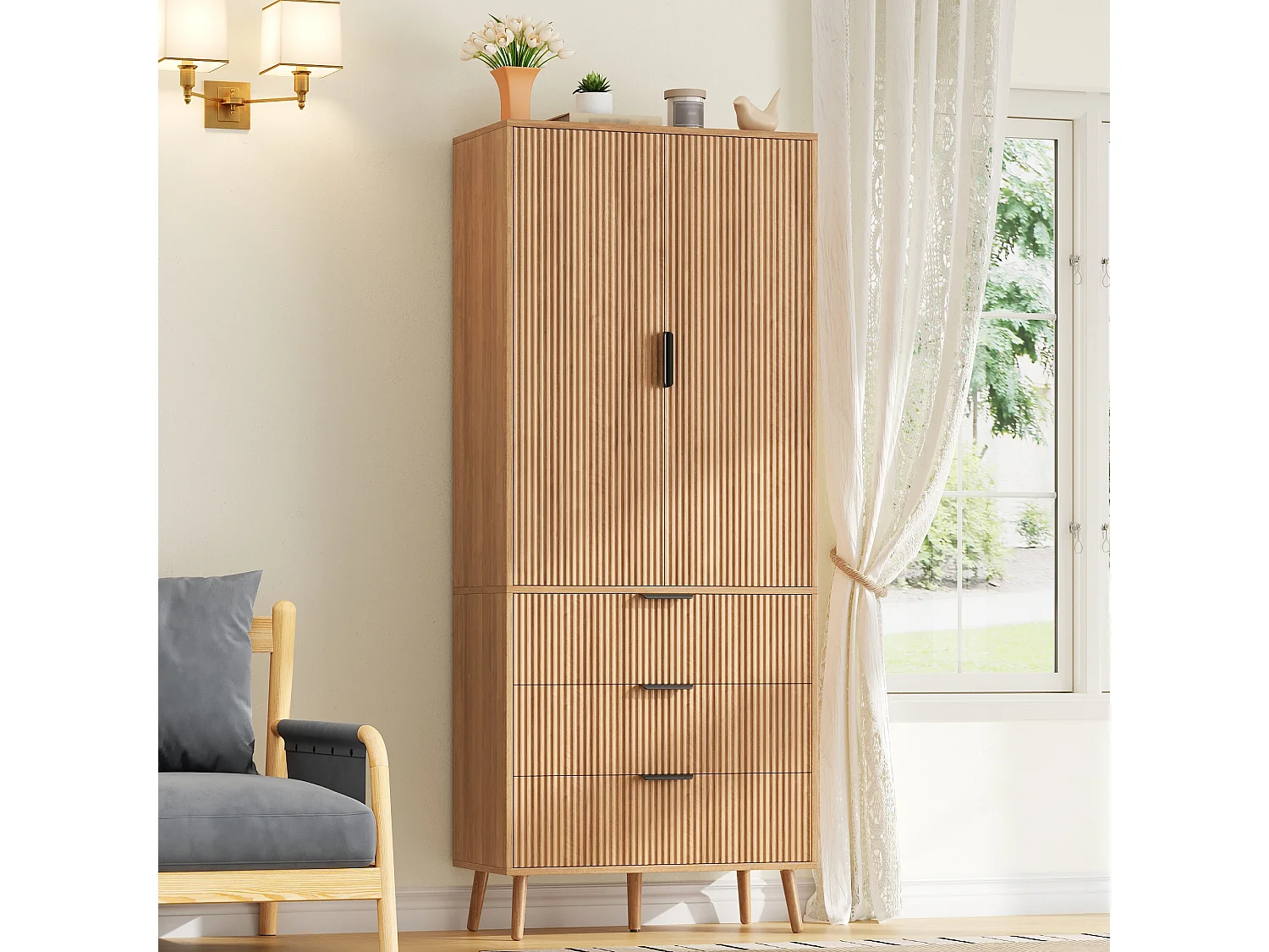 Buffet de cuisine 75x35x180cm - avec 2 portes et 3 tiroirs - avec étagère à épices - Naturel
