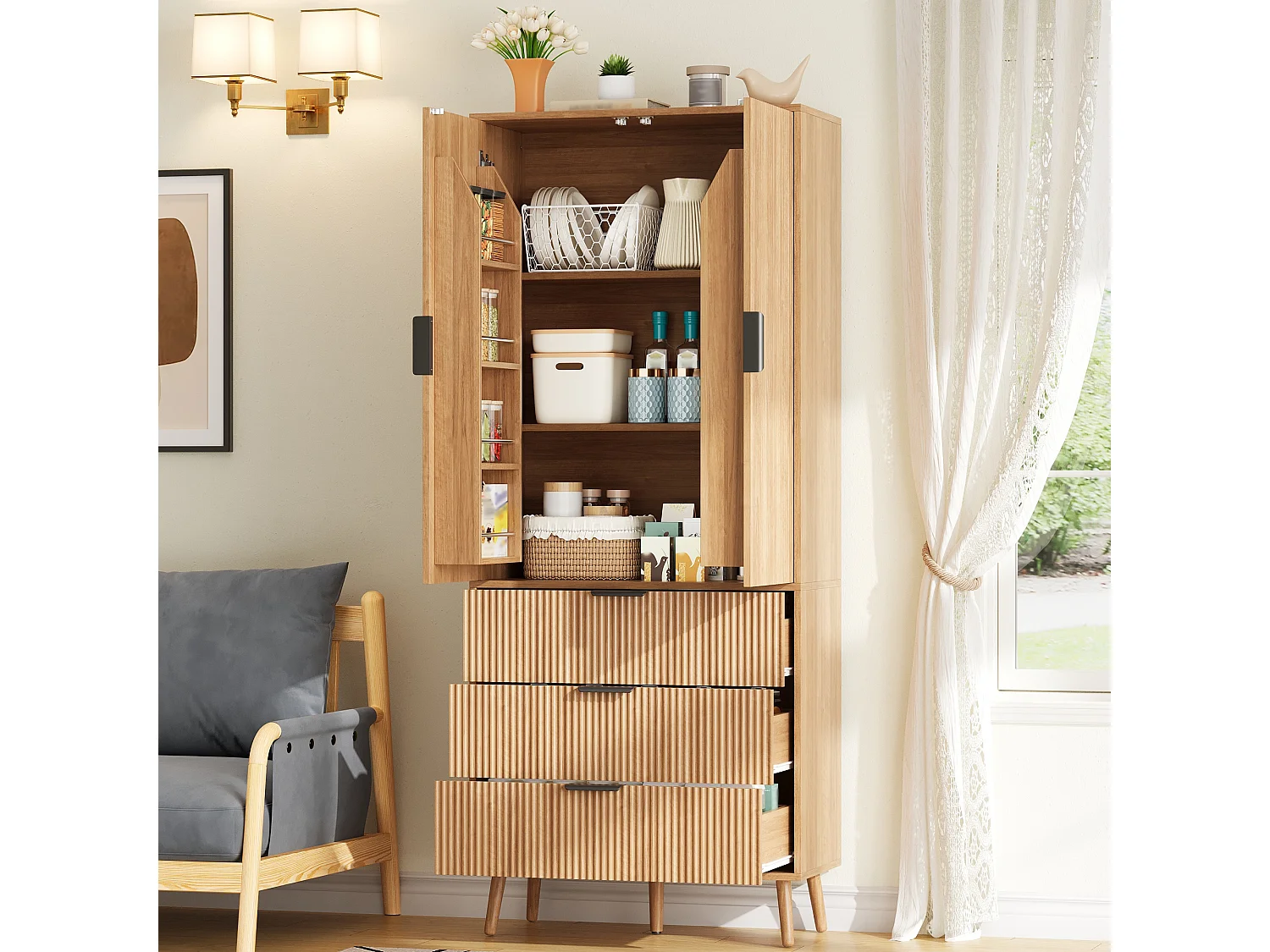 Buffet de cuisine 75x35x180cm - avec 2 portes et 3 tiroirs - avec étagère à épices - Naturel