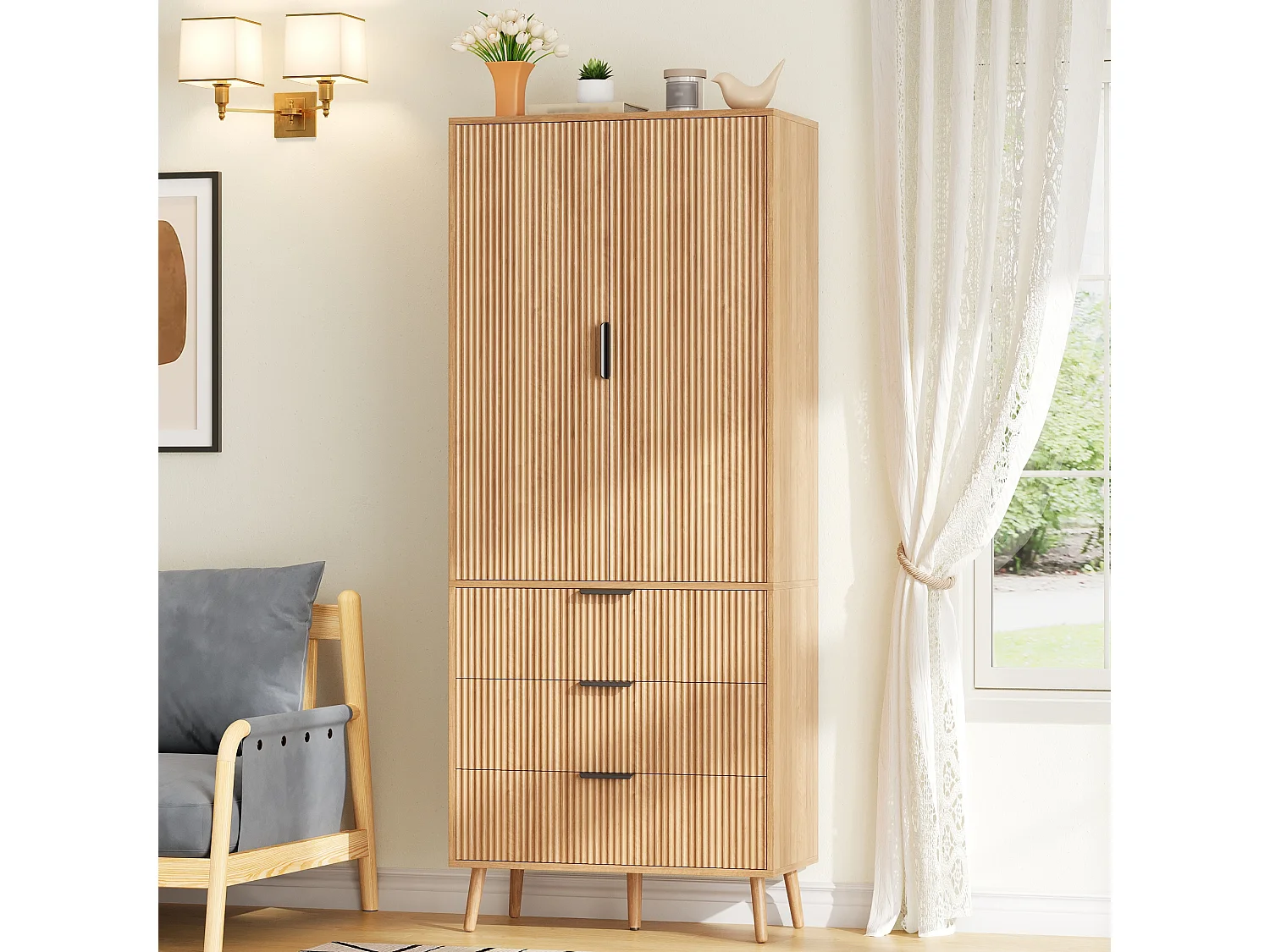 Buffet de cuisine 75x35x180cm - avec 2 portes et 3 tiroirs - avec étagère à épices - Naturel