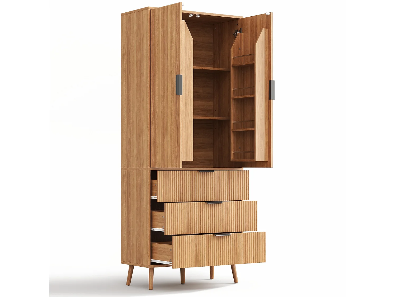 Buffet de cuisine 75x35x180cm - avec 2 portes et 3 tiroirs - avec étagère à épices - Naturel