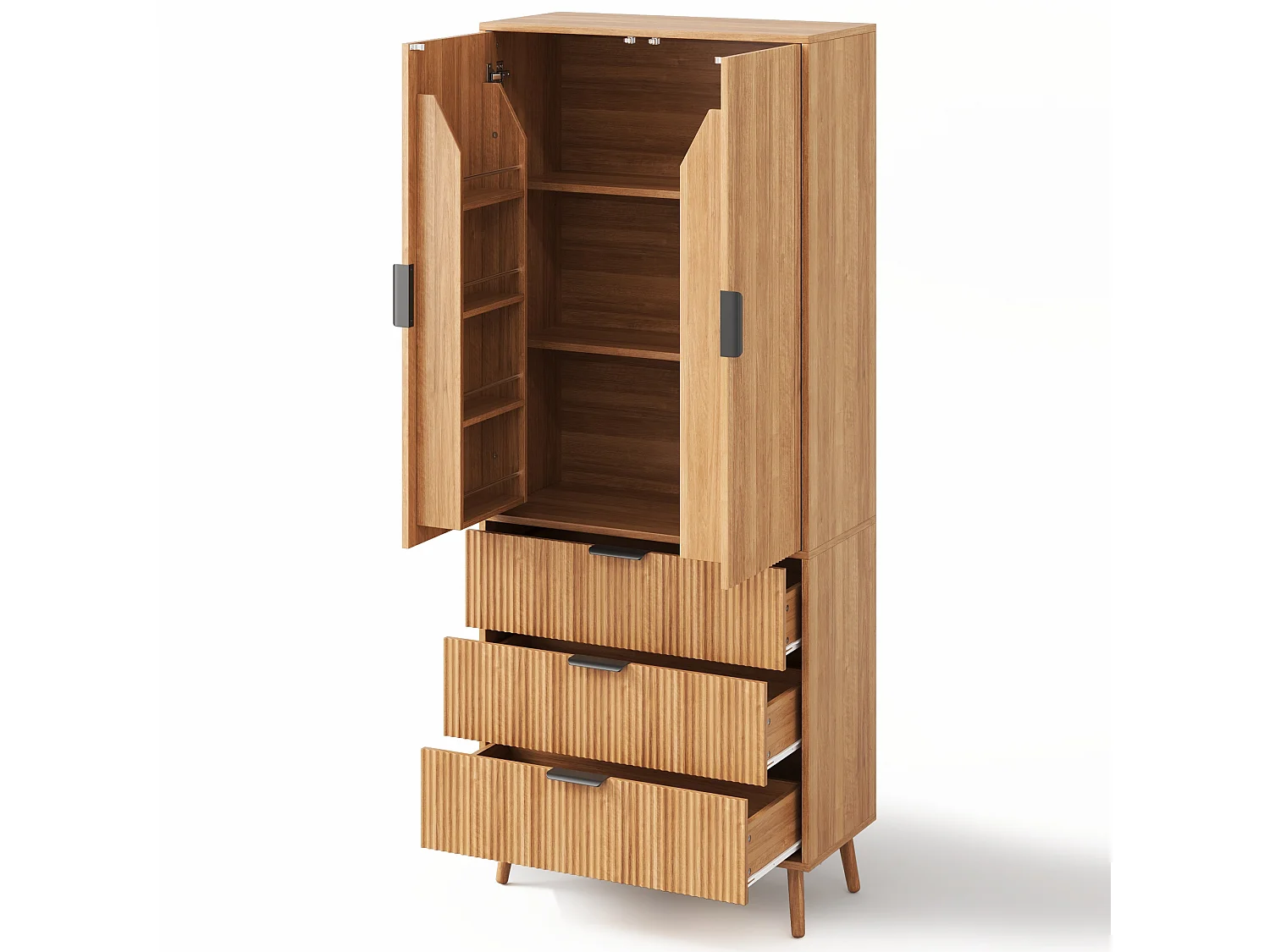 Buffet de cuisine 75x35x180cm - avec 2 portes et 3 tiroirs - avec étagère à épices - Naturel