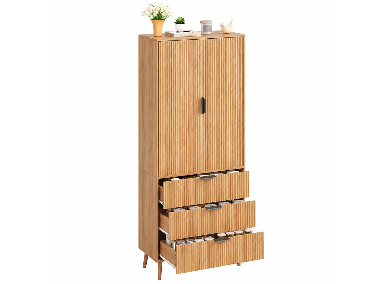 Buffet de cuisine 75x35x180cm - avec 2 portes et 3 tiroirs - avec étagère à épices - Naturel