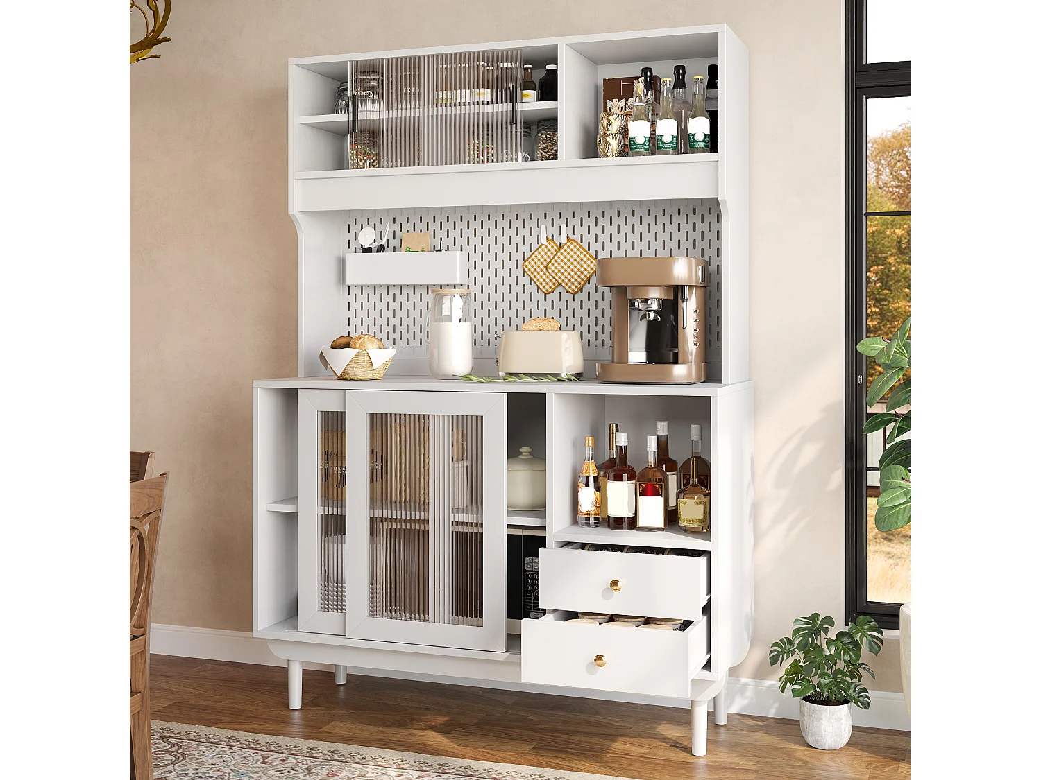 Buffet de cuisine 117x30x170 cm - 4 portes coulissantes en verre et 2 tiroirs - Panneau arrière perforé - Pieds en pin - Blanc