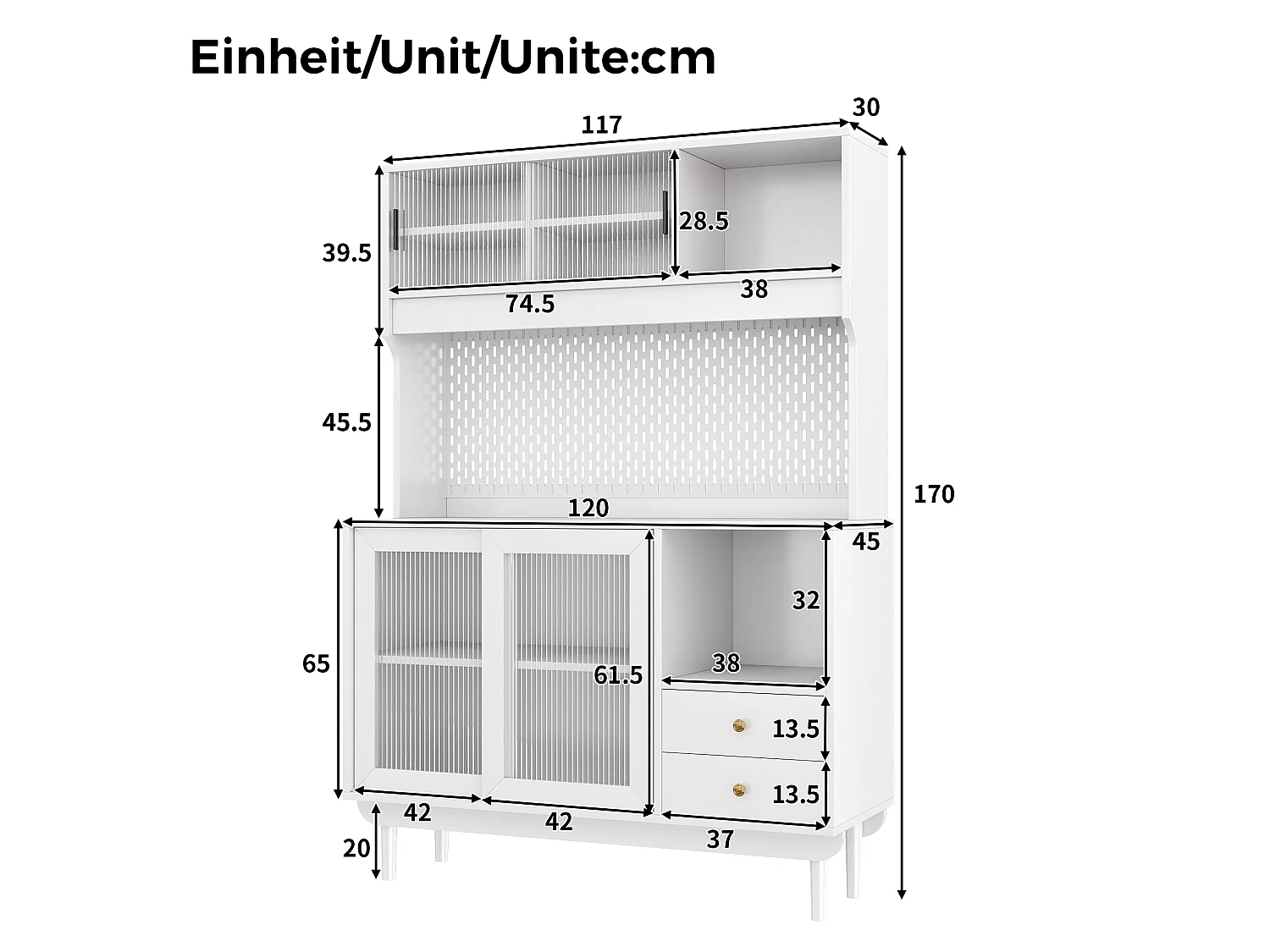 Buffet de cuisine 117x30x170 cm - 4 portes coulissantes en verre et 2 tiroirs - Panneau arrière perforé - Pieds en pin - Blanc