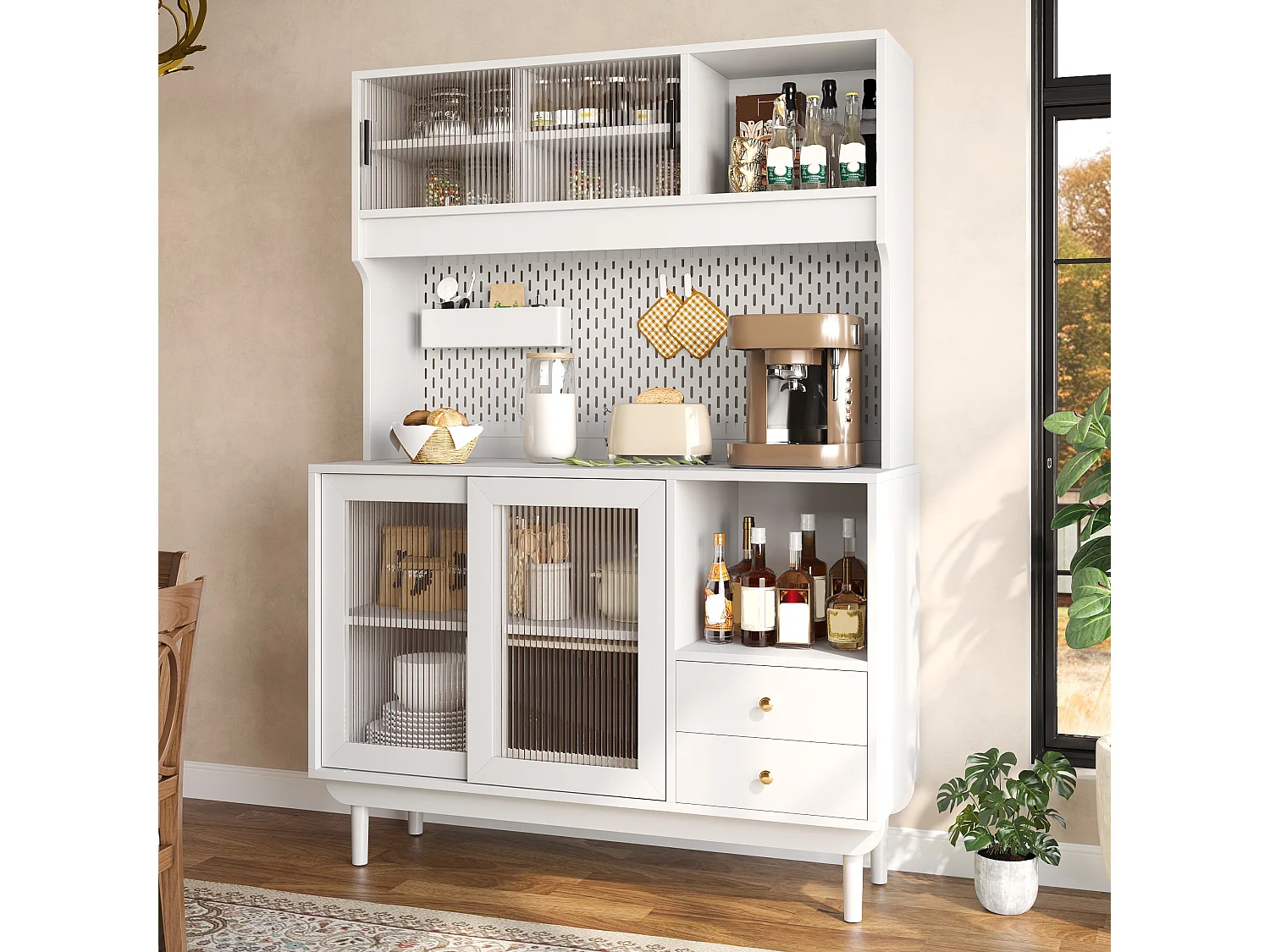 Buffet de cuisine 117x30x170 cm - 4 portes coulissantes en verre et 2 tiroirs - Panneau arrière perforé - Pieds en pin - Blanc