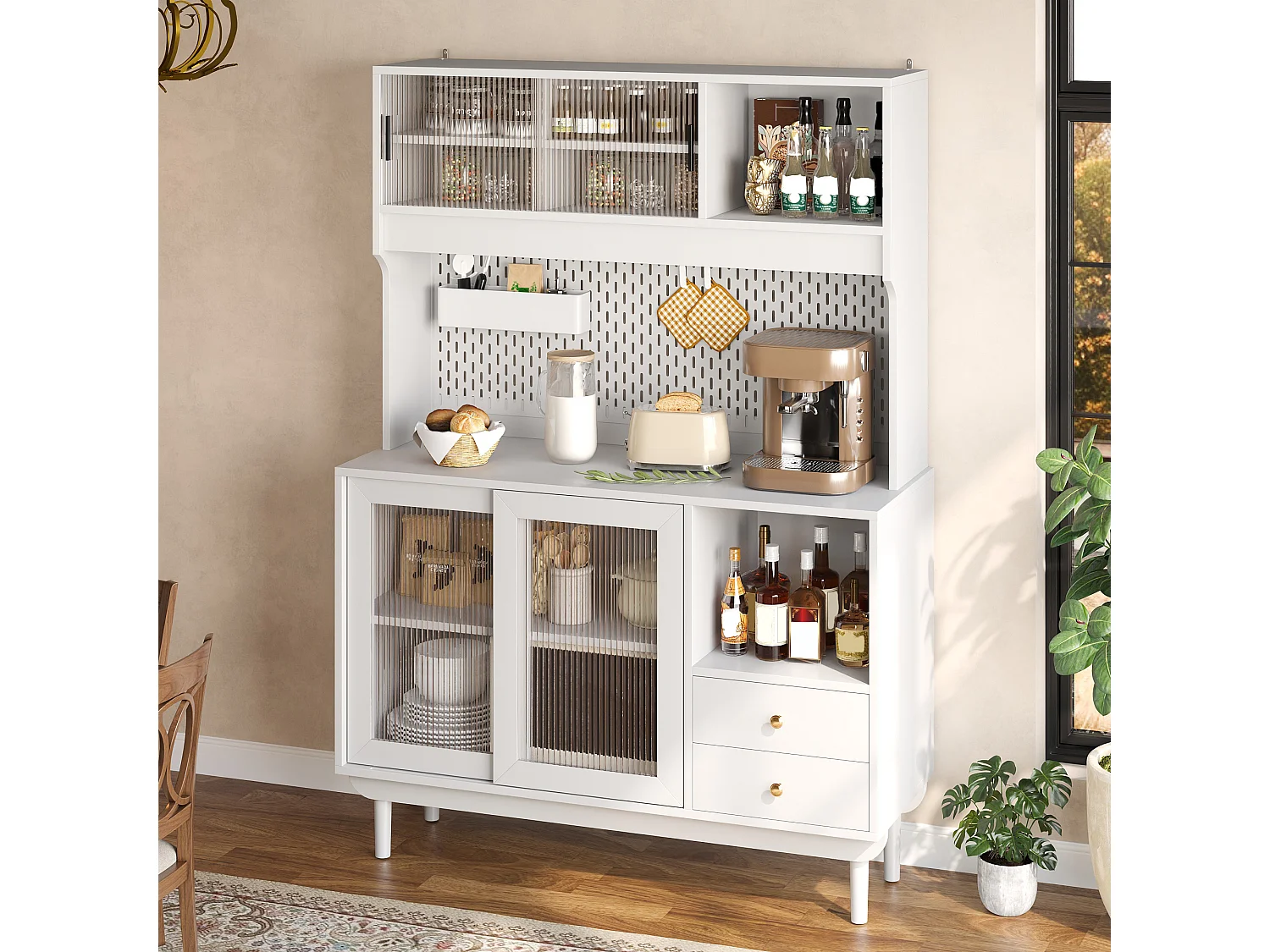 Buffet de cuisine 117x30x170 cm - 4 portes coulissantes en verre et 2 tiroirs - Panneau arrière perforé - Pieds en pin - Blanc