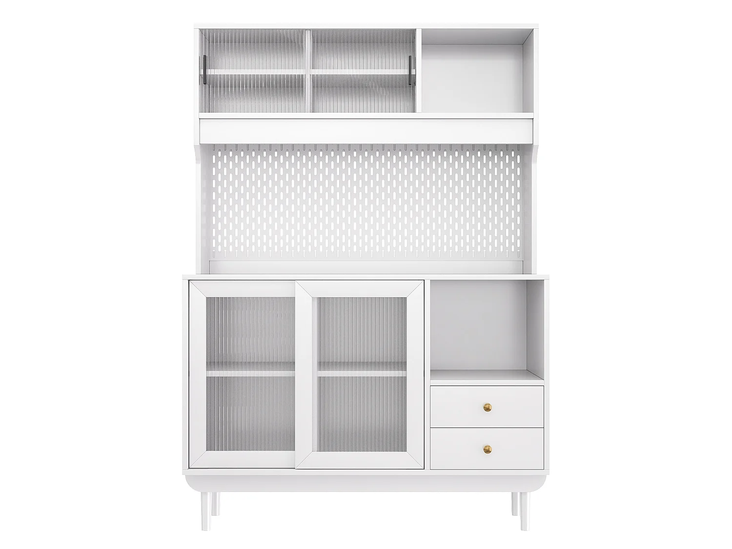 Buffet de cuisine 117x30x170 cm - 4 portes coulissantes en verre et 2 tiroirs - Panneau arrière perforé - Pieds en pin - Blanc