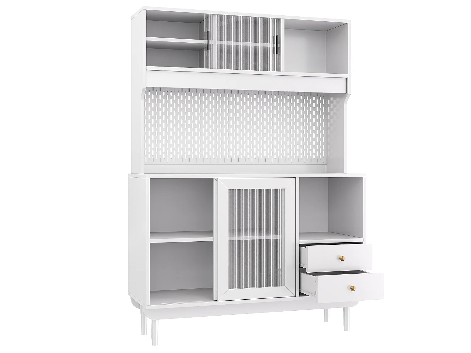 Buffet de cuisine 117x30x170 cm - 4 portes coulissantes en verre et 2 tiroirs - Panneau arrière perforé - Pieds en pin - Blanc