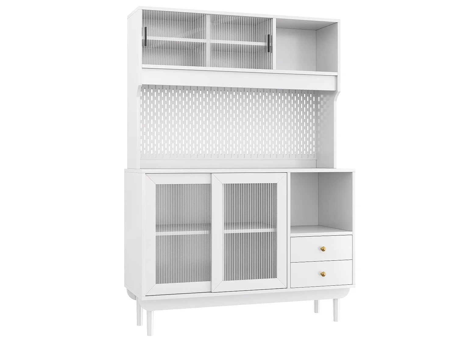 Buffet de cuisine 117x30x170 cm - 4 portes coulissantes en verre et 2 tiroirs - Panneau arrière perforé - Pieds en pin - Blanc