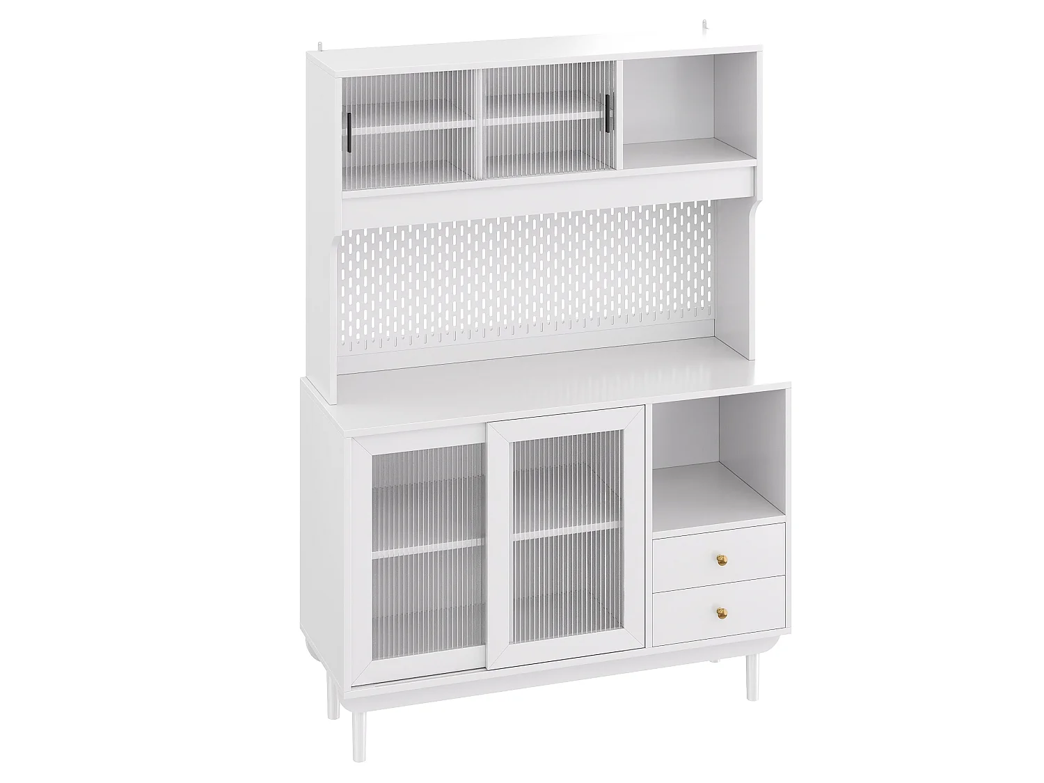 Buffet de cuisine 117x30x170 cm - 4 portes coulissantes en verre et 2 tiroirs - Panneau arrière perforé - Pieds en pin - Blanc