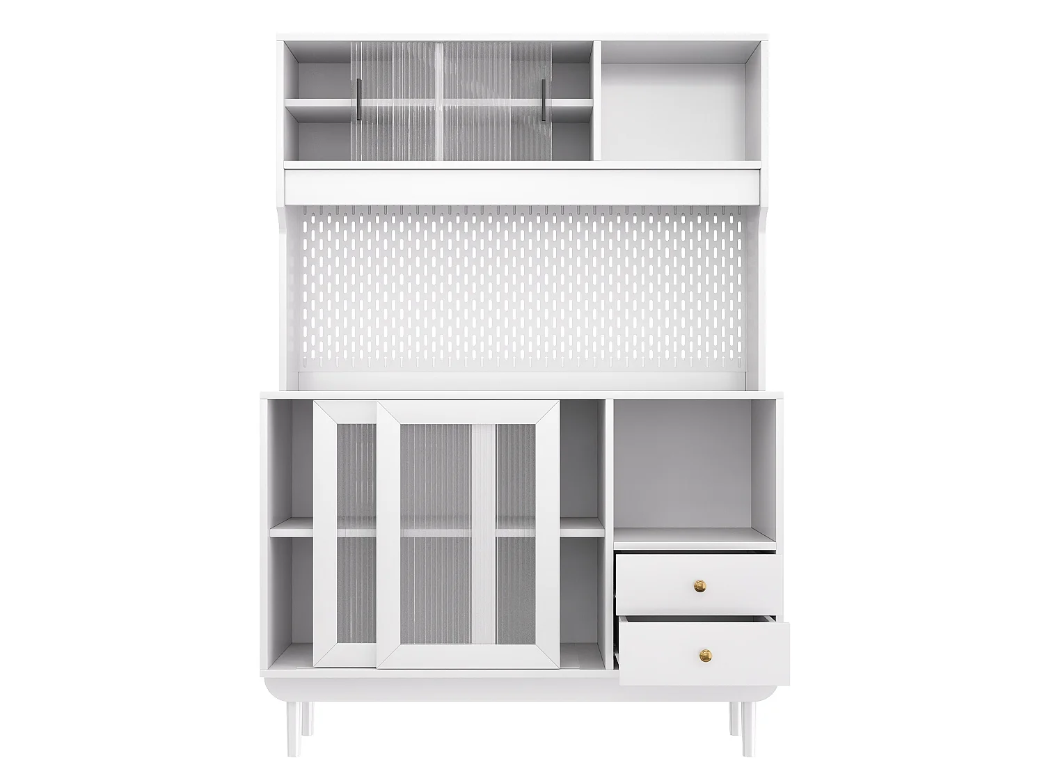 Buffet de cuisine 117x30x170 cm - 4 portes coulissantes en verre et 2 tiroirs - Panneau arrière perforé - Pieds en pin - Blanc