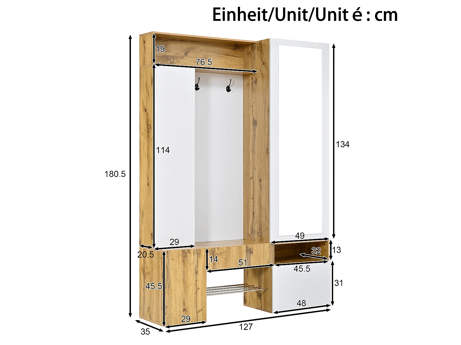 Entreegarderobeset - Schoenenmeubel en een spiegel - Met roede en haken - 3 deuren en 1 lade - Wit en naturel