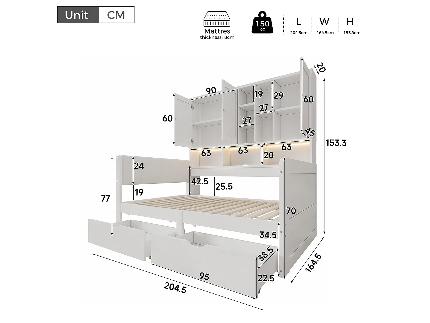 Canapébed 140x200 cm - Gecombineerd bed met LED, USB-poort en 2 laden - Met opbergmeubel - Hoofdbord van PU - Wit (zonder matras)