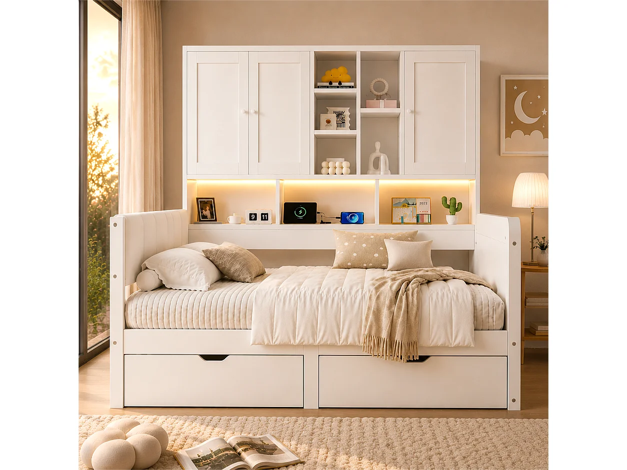 Canapébed 140x200 cm - Gecombineerd bed met LED, USB-poort en 2 laden - Met opbergmeubel - Hoofdbord van PU - Wit (zonder matras)