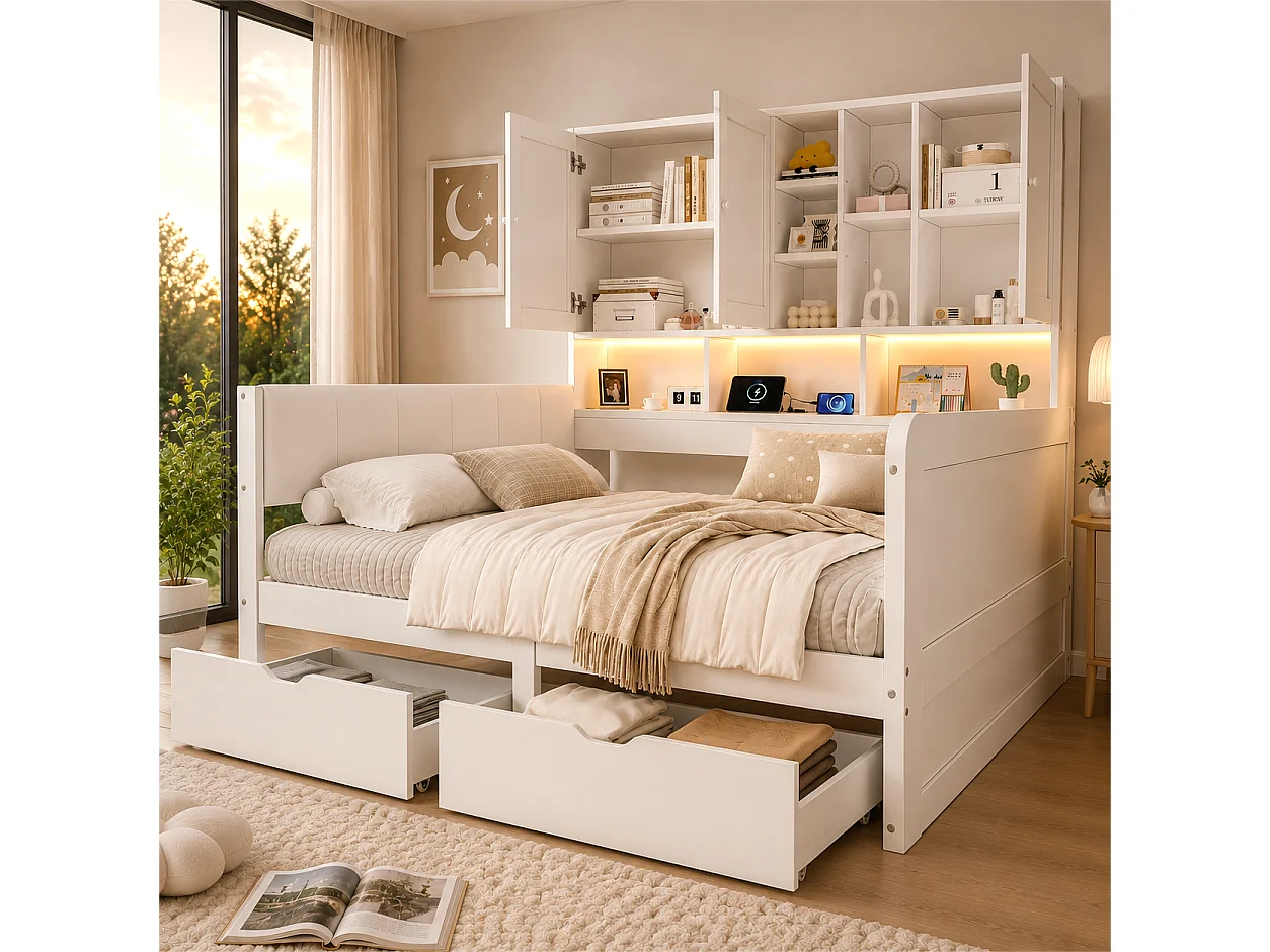 Canapébed 140x200 cm - Gecombineerd bed met LED, USB-poort en 2 laden - Met opbergmeubel - Hoofdbord van PU - Wit (zonder matras)