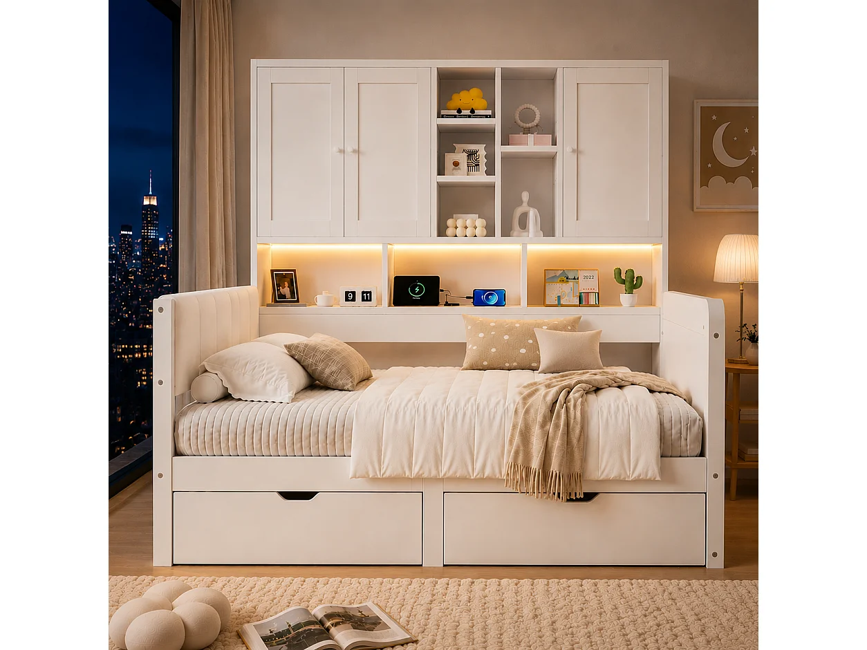 Canapébed 140x200 cm - Gecombineerd bed met LED, USB-poort en 2 laden - Met opbergmeubel - Hoofdbord van PU - Wit (zonder matras)