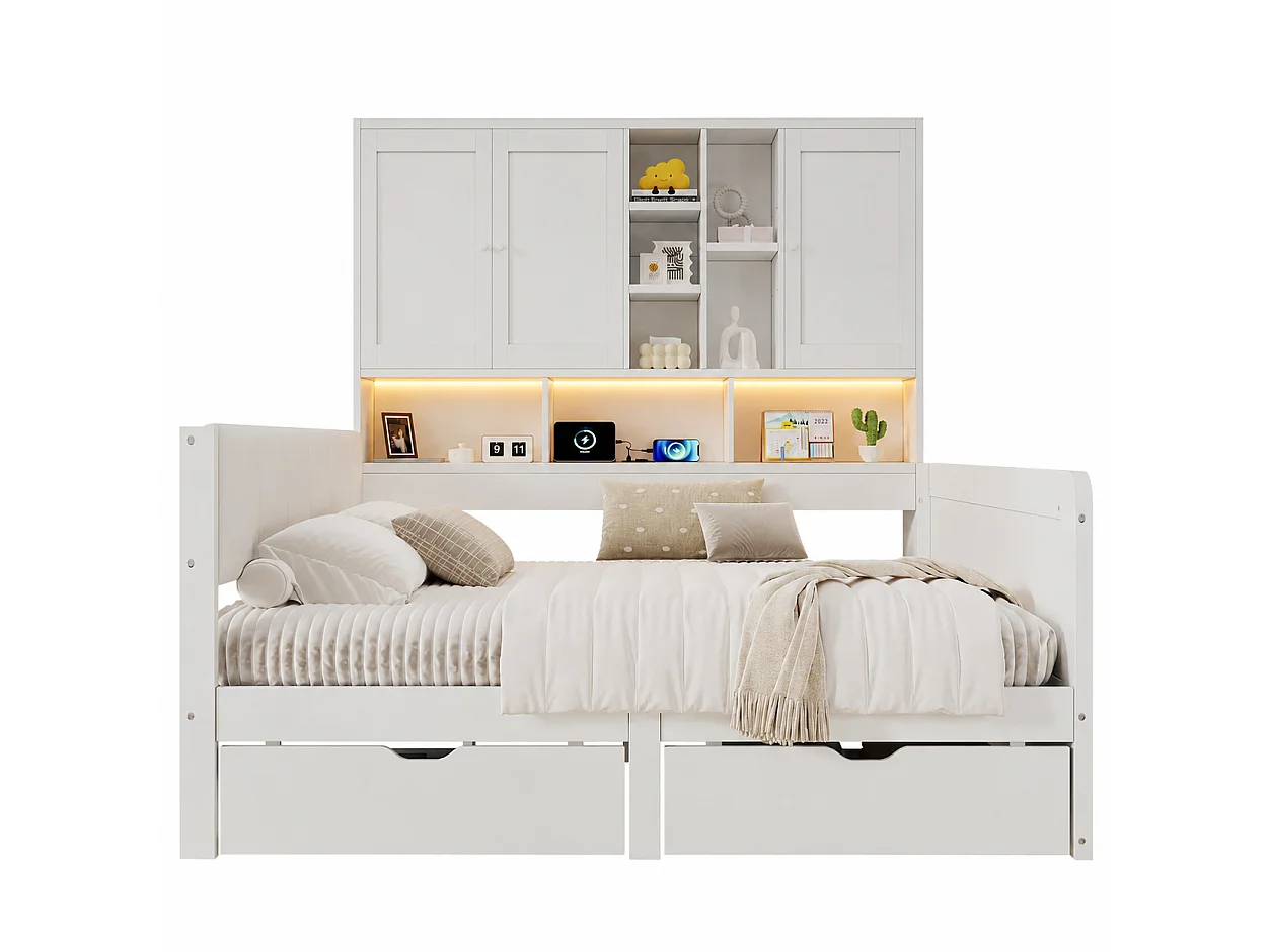 Canapébed 140x200 cm - Gecombineerd bed met LED, USB-poort en 2 laden - Met opbergmeubel - Hoofdbord van PU - Wit (zonder matras)