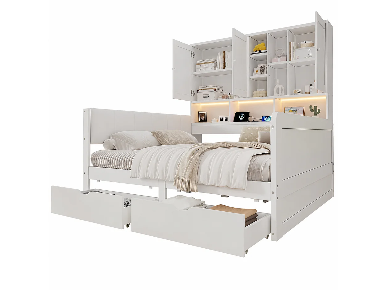 Canapébed 140x200 cm - Gecombineerd bed met LED, USB-poort en 2 laden - Met opbergmeubel - Hoofdbord van PU - Wit (zonder matras)