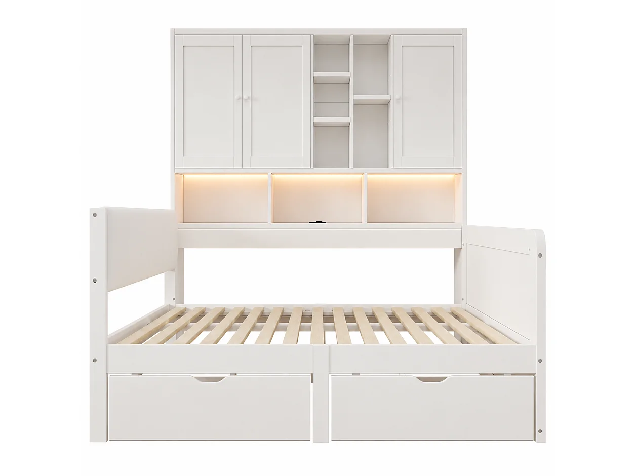Canapébed 140x200 cm - Gecombineerd bed met LED, USB-poort en 2 laden - Met opbergmeubel - Hoofdbord van PU - Wit (zonder matras)