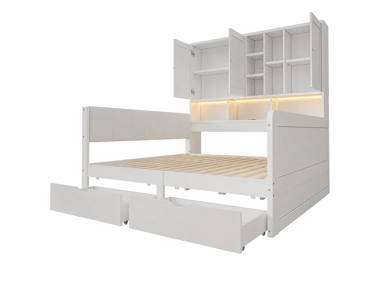 Canapébed 140x200 cm - Gecombineerd bed met LED, USB-poort en 2 laden - Met opbergmeubel - Hoofdbord van PU - Wit (zonder matras)
