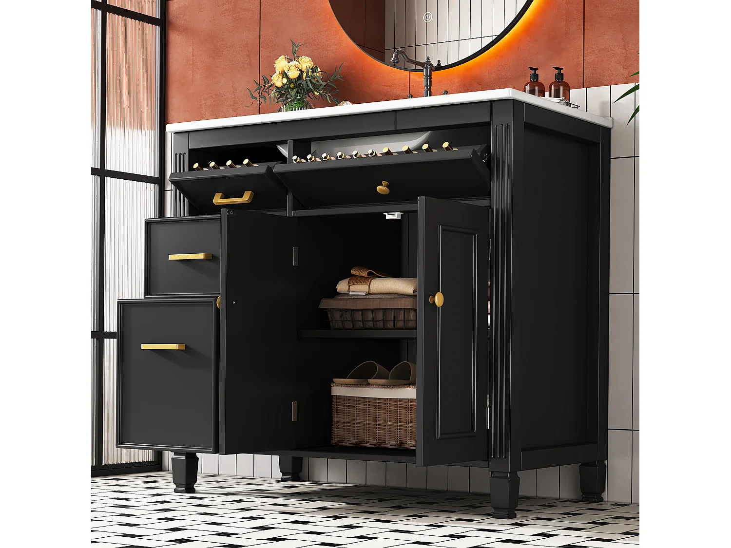Mueble de baño con lavabo de cerámica - con 4 cajones y 2 puertas - Acabado lacado - Negro(Grifo no incluido)