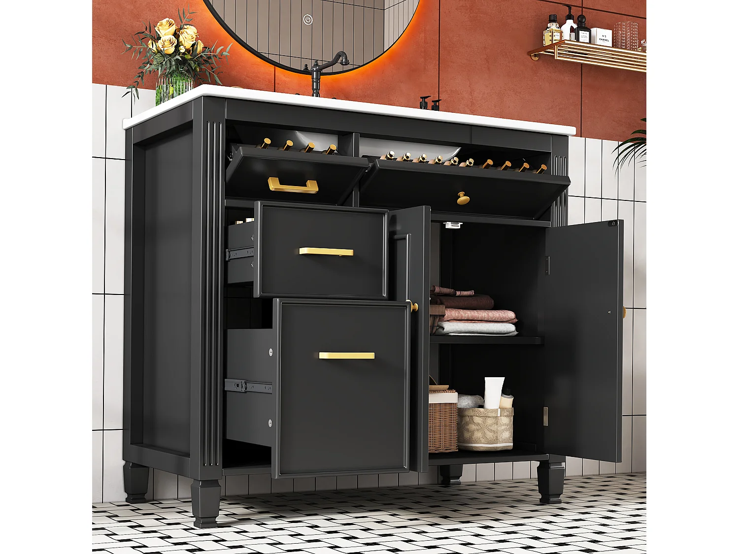 Mueble de baño con lavabo de cerámica - con 4 cajones y 2 puertas - Acabado lacado - Negro(Grifo no incluido)