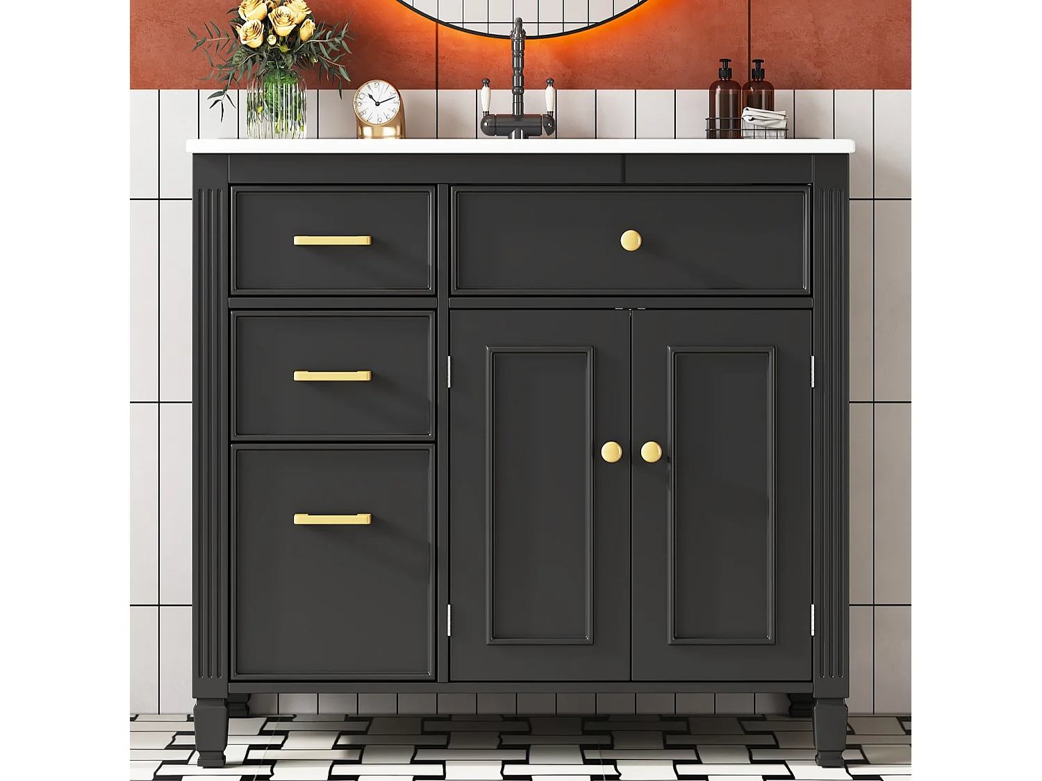 Mueble de baño con lavabo de cerámica - con 4 cajones y 2 puertas - Acabado lacado - Negro(Grifo no incluido)