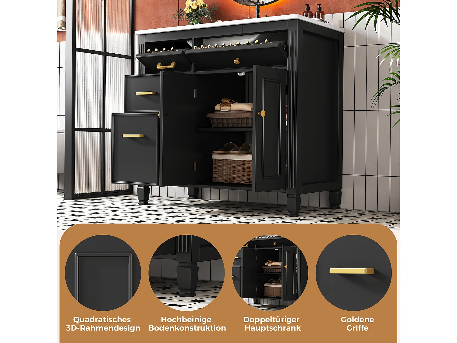 Mueble de baño con lavabo de cerámica - con 4 cajones y 2 puertas - Acabado lacado - Negro(Grifo no incluido)