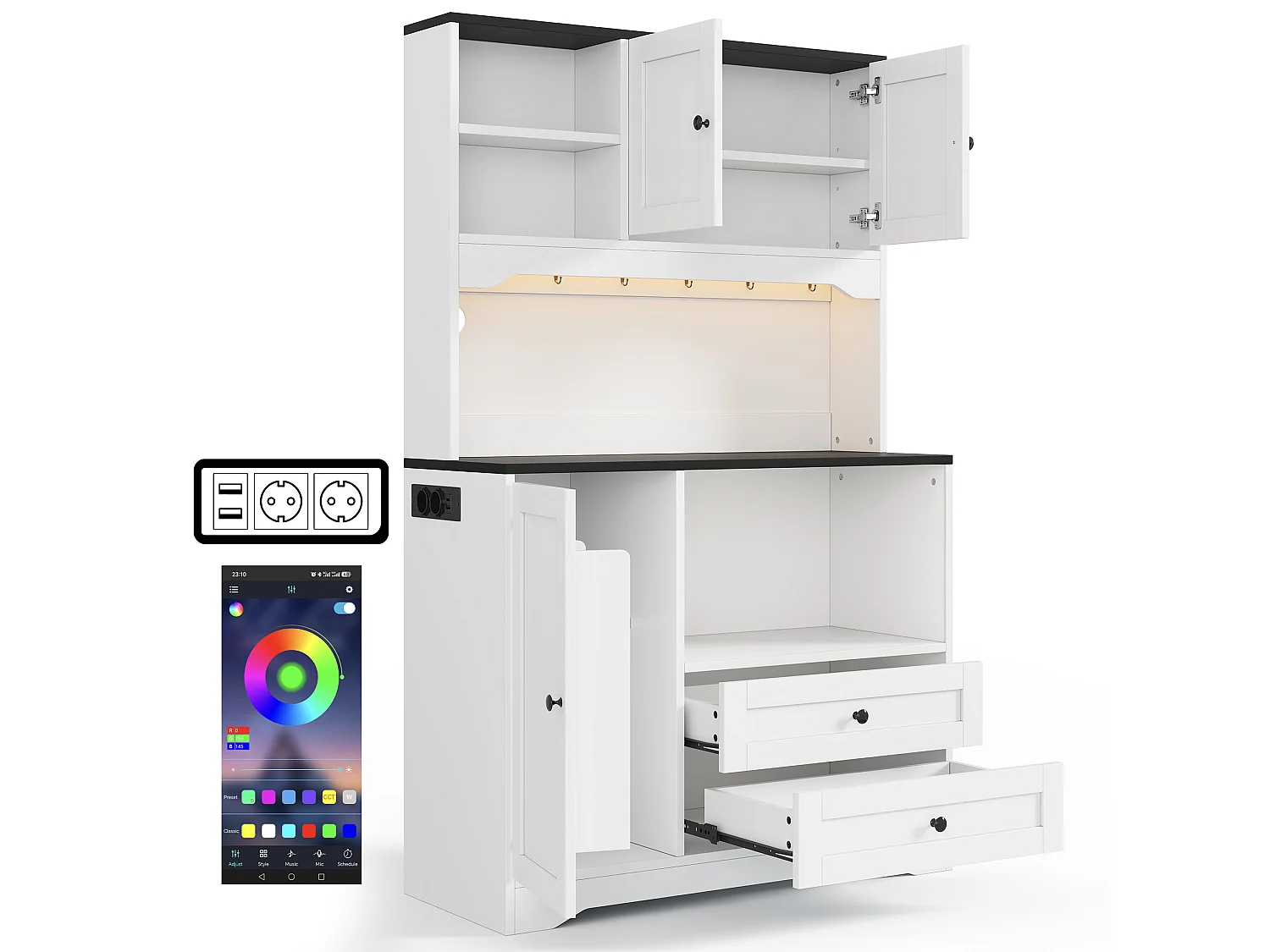 Buffet de cuisine 100x40x163cm - avec 3 portes et 2 tiroirs - avec éclairage LED - avec prise de courant - avec étagère à épices - Blanc