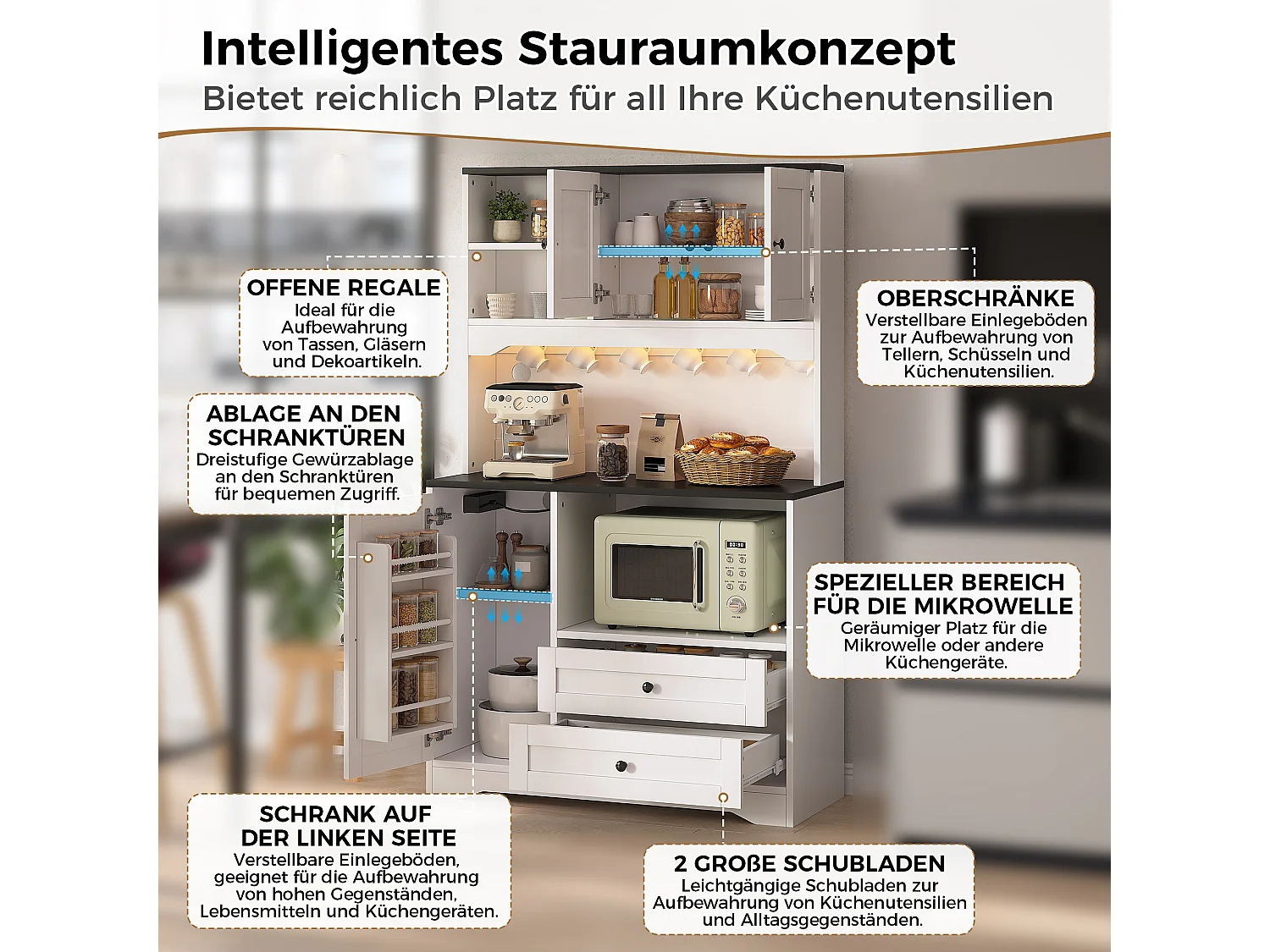 Buffet de cuisine 100x40x163cm - avec 3 portes et 2 tiroirs - avec éclairage LED - avec prise de courant - avec étagère à épices - Blanc