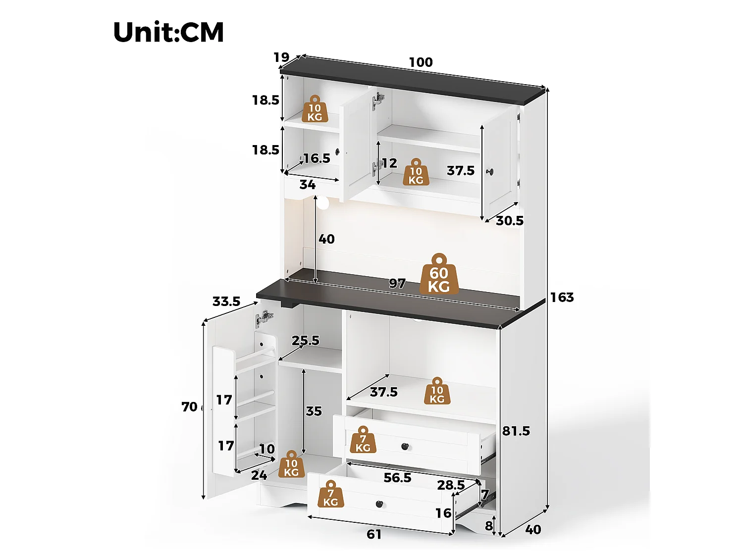 Buffet de cuisine 100x40x163cm - avec 3 portes et 2 tiroirs - avec éclairage LED - avec prise de courant - avec étagère à épices - Blanc