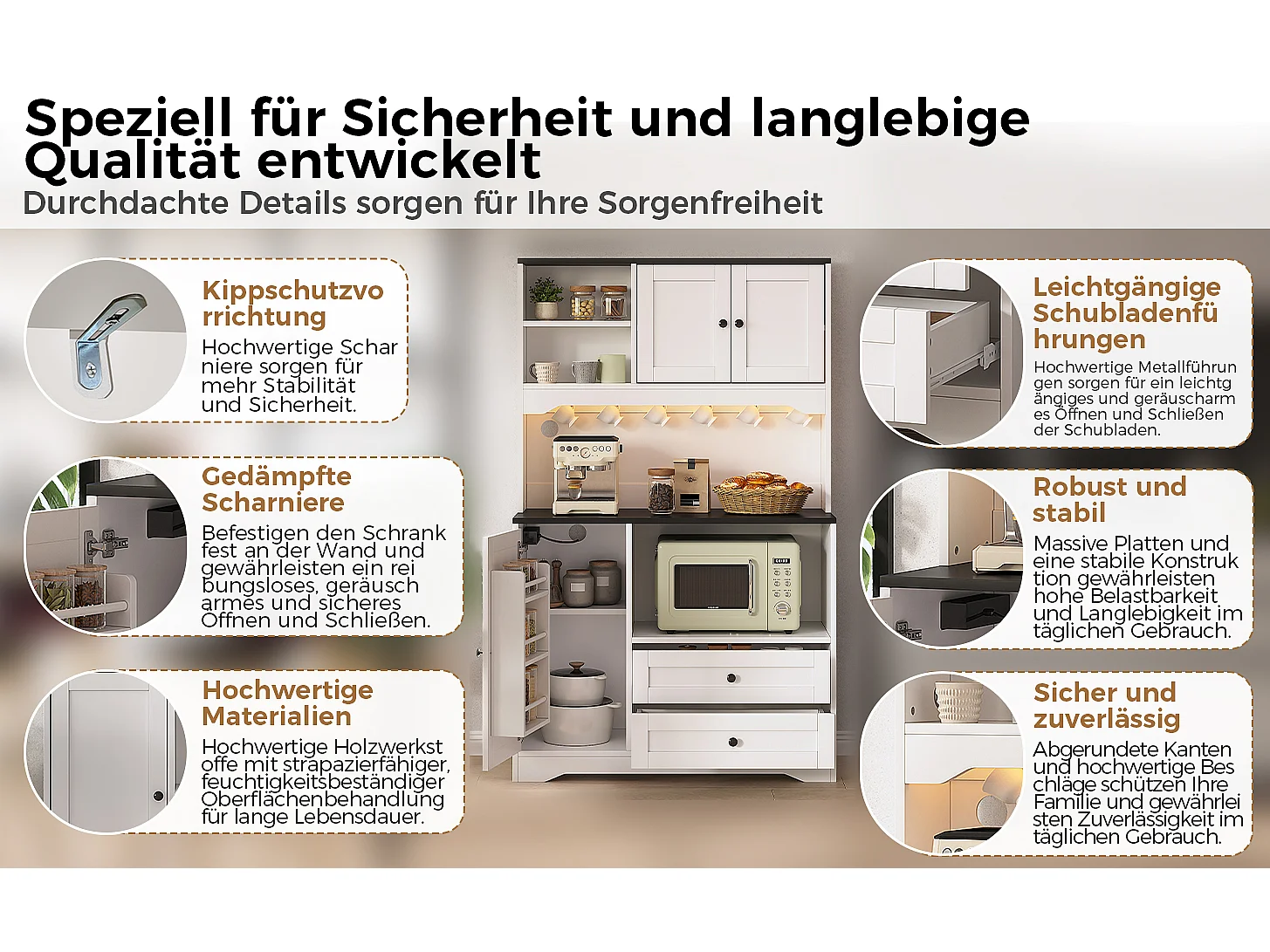 Buffet de cuisine 100x40x163cm - avec 3 portes et 2 tiroirs - avec éclairage LED - avec prise de courant - avec étagère à épices - Blanc