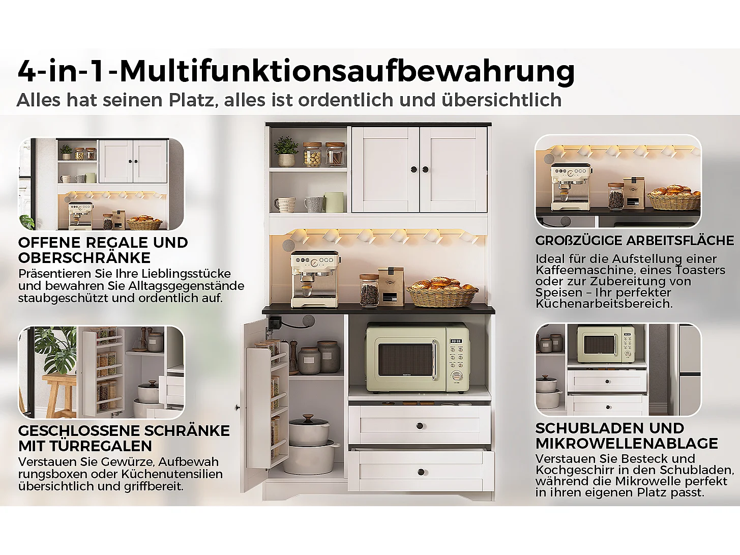 Buffet de cuisine 100x40x163cm - avec 3 portes et 2 tiroirs - avec éclairage LED - avec prise de courant - avec étagère à épices - Blanc