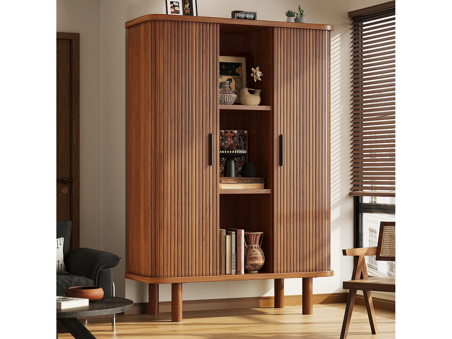 Buffet Haut avec Portes à Enroulement 110x160cm - Meuble de Rangement avec Coins Arrondis & Pieds en Bois Massif, Style Rétro - Marron Foncé