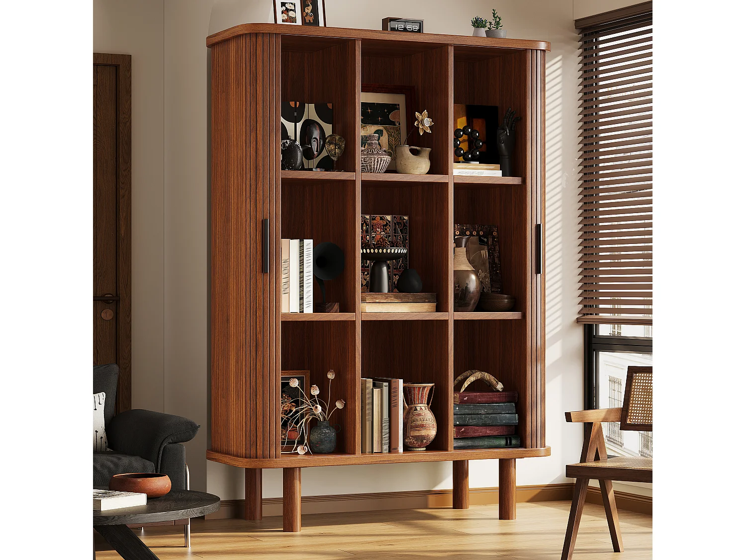 Buffet Haut avec Portes à Enroulement 110x160cm - Meuble de Rangement avec Coins Arrondis & Pieds en Bois Massif, Style Rétro - Marron Foncé