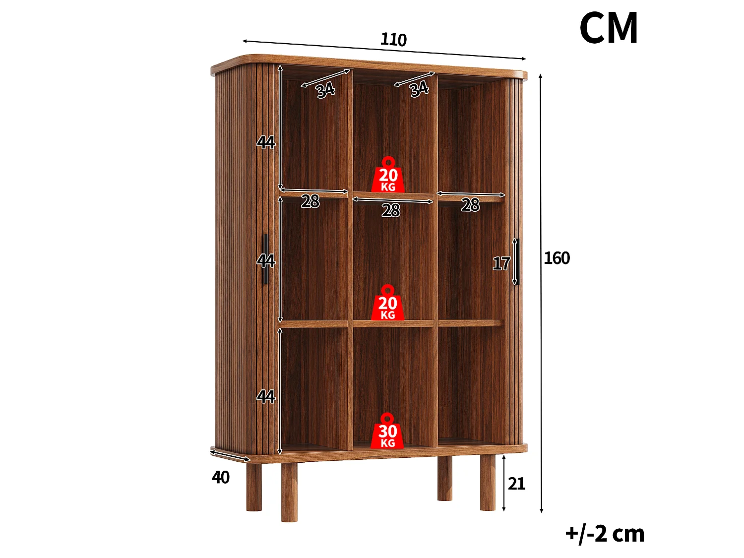 Buffet Haut avec Portes à Enroulement 110x160cm - Meuble de Rangement avec Coins Arrondis & Pieds en Bois Massif, Style Rétro - Marron Foncé